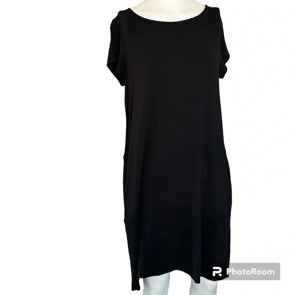 Eileen Fisher Round Neck Midi Viscose Dress Black Shirt Dress Women's Medium